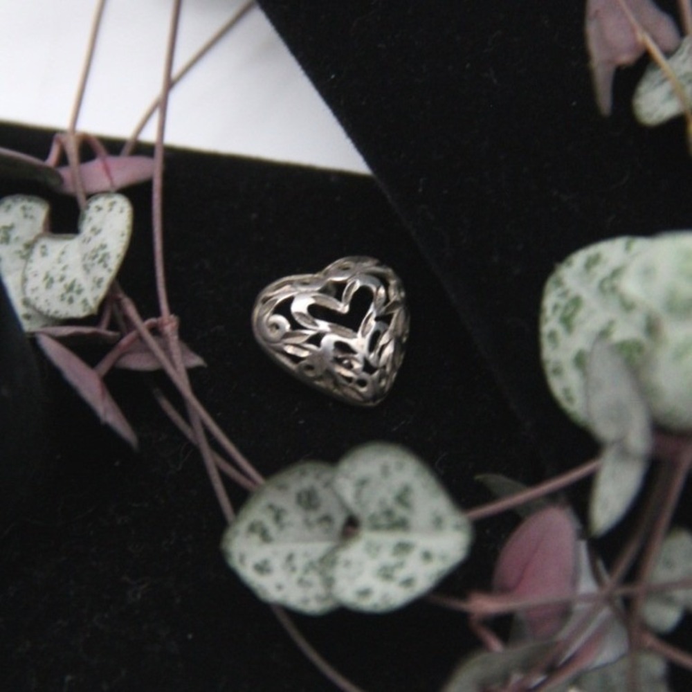VTG Sterling Silver 925 Filigree Openwork Puffed Heart‎ Slide Pendant Charm